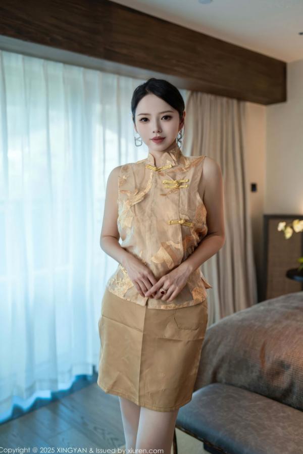    XingYan星颜社-441-大美妞儿-金色连衣短裙白色珍珠内衣性感白丝私房写真第1张图片