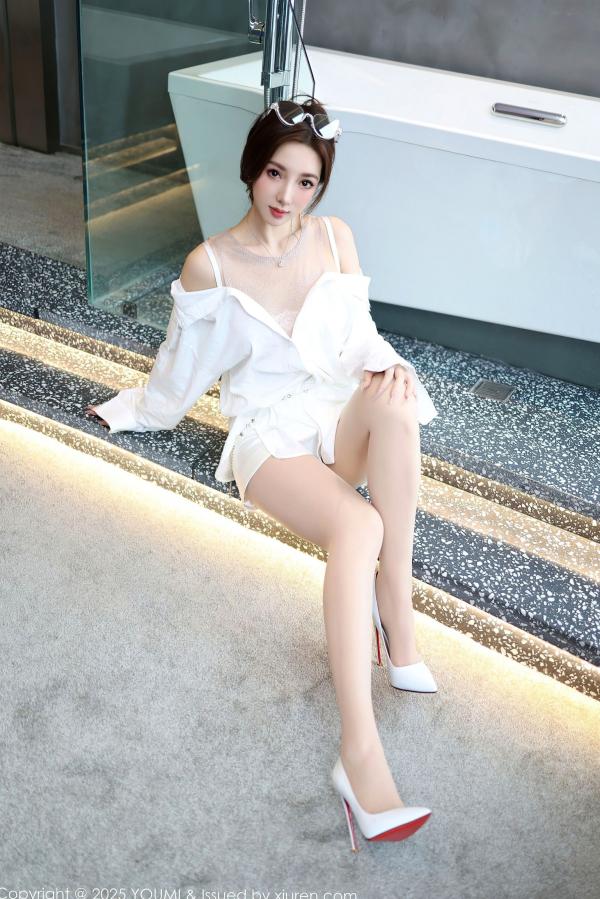    YouMi尤蜜荟 1177 Twins 桃桃 纯欲白色蕾丝内衣性感私房照 绝美高跟大床写真第3张图片