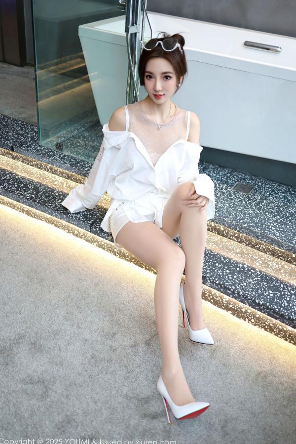    YouMi尤蜜荟 1177 Twins 桃桃 纯欲白色蕾丝内衣性感私房照 绝美高跟大床写真第4张图片