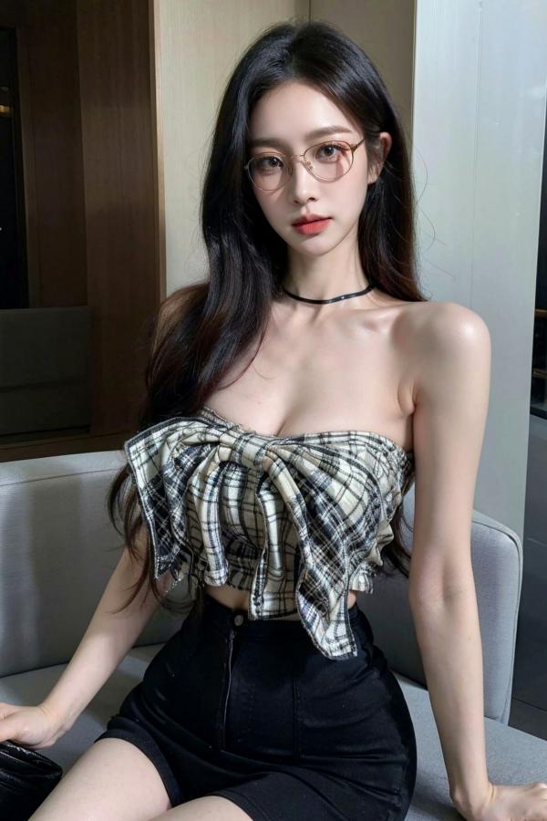    AI美女-超写实-格子蝴蝶结抹胸黑短裙美女街拍-眼镜女神都市时尚户外性感写真第2张图片