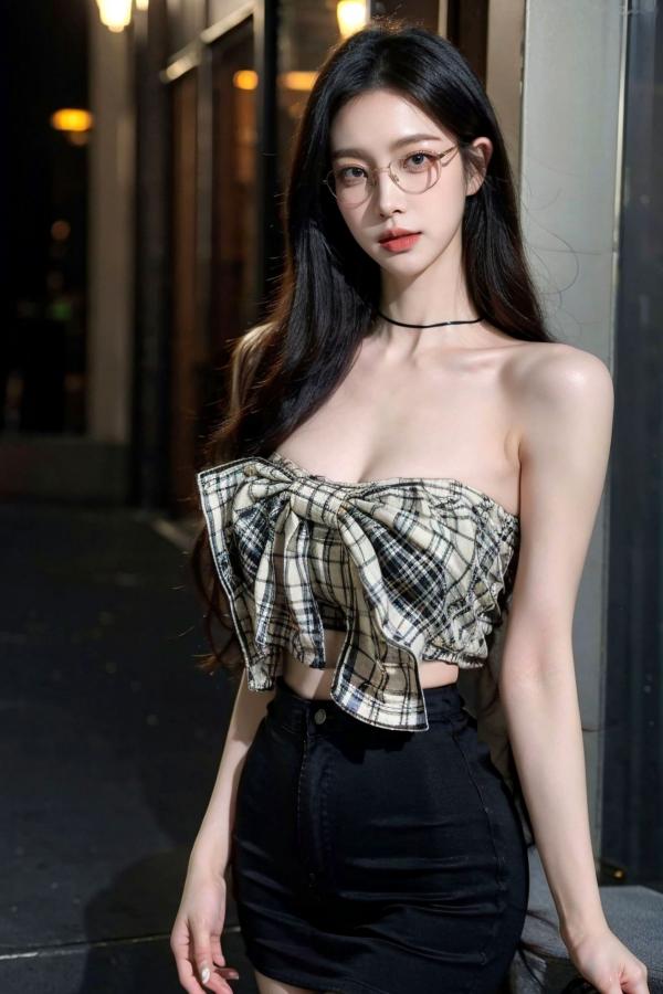    AI美女-超写实-格子蝴蝶结抹胸黑短裙美女街拍-眼镜女神都市时尚户外性感写真第3张图片