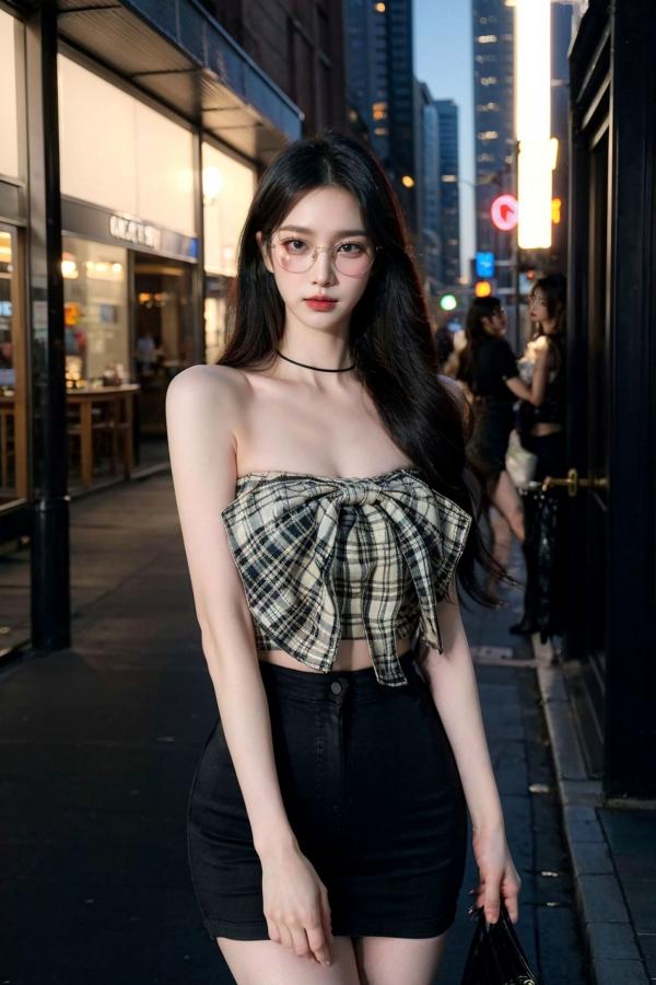    AI美女-超写实-格子蝴蝶结抹胸黑短裙美女街拍-眼镜女神都市时尚户外性感写真第4张图片