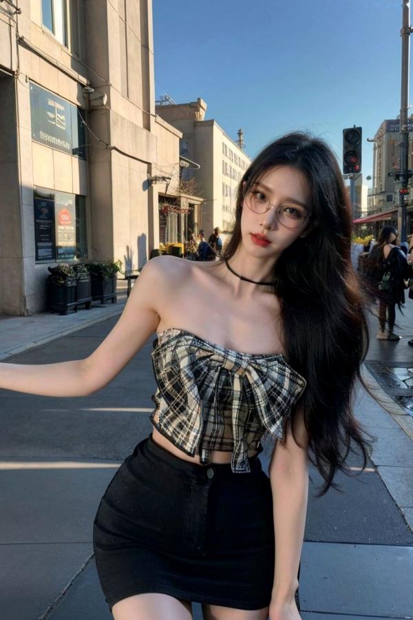    AI美女-超写实-格子蝴蝶结抹胸黑短裙美女街拍-眼镜女神都市时尚户外性感写真第9张图片