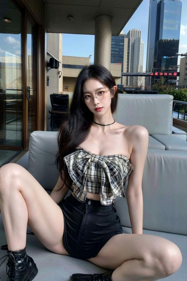    AI美女-超写实-格子蝴蝶结抹胸黑短裙美女街拍-眼镜女神都市时尚户外性感写真第11张图片
