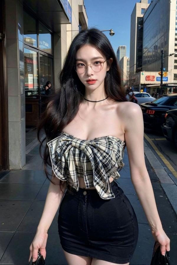    AI美女-超写实-格子蝴蝶结抹胸黑短裙美女街拍-眼镜女神都市时尚户外性感写真第12张图片
