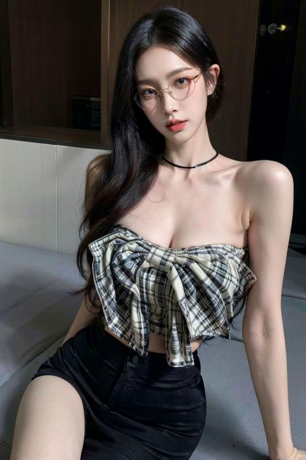    AI美女-超写实-格子蝴蝶结抹胸黑短裙美女街拍-眼镜女神都市时尚户外性感写真第14张图片