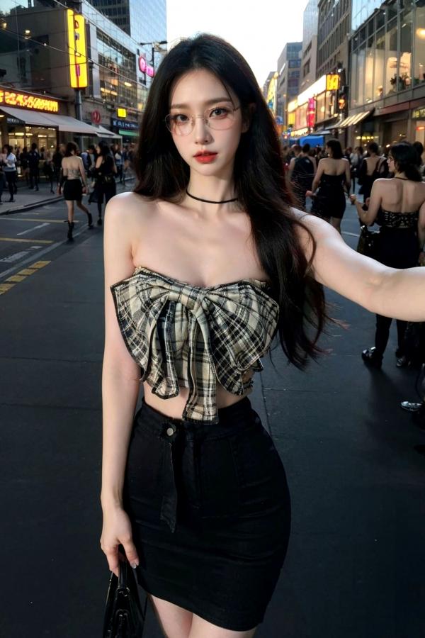    AI美女-超写实-格子蝴蝶结抹胸黑短裙美女街拍-眼镜女神都市时尚户外性感写真第15张图片