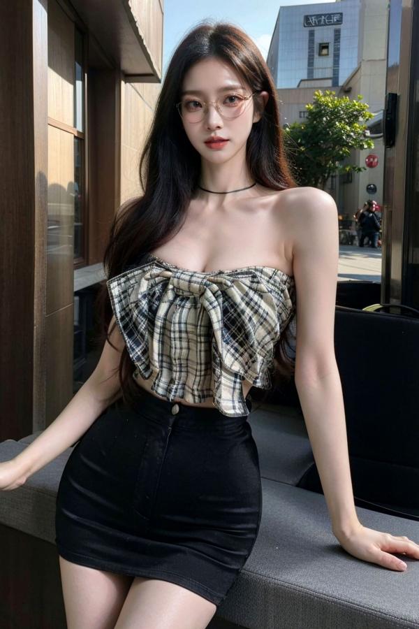    AI美女-超写实-格子蝴蝶结抹胸黑短裙美女街拍-眼镜女神都市时尚户外性感写真第17张图片