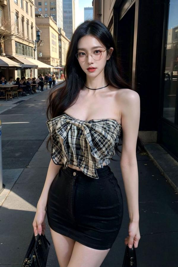    AI美女-超写实-格子蝴蝶结抹胸黑短裙美女街拍-眼镜女神都市时尚户外性感写真第18张图片