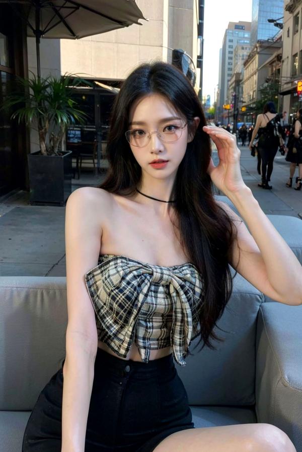    AI美女-超写实-格子蝴蝶结抹胸黑短裙美女街拍-眼镜女神都市时尚户外性感写真第19张图片