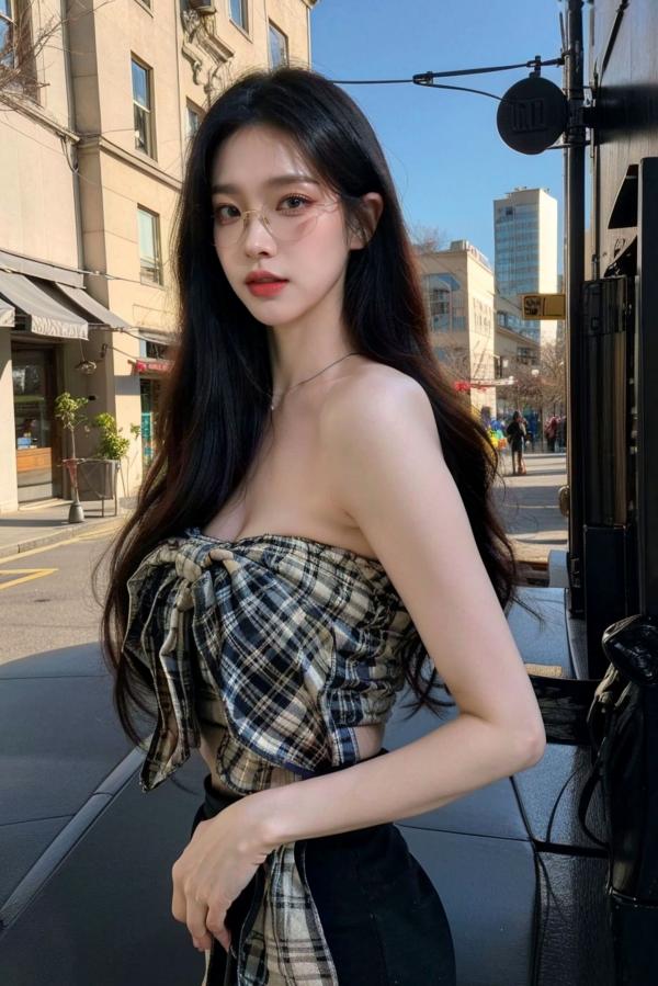   AI美女-超写实-格子蝴蝶结抹胸黑短裙美女街拍-眼镜女神都市时尚户外性感写真第20张图片