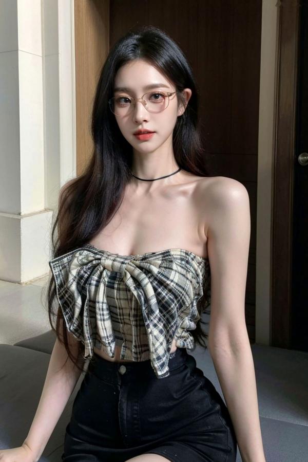    AI美女-超写实-格子蝴蝶结抹胸黑短裙美女街拍-眼镜女神都市时尚户外性感写真第22张图片
