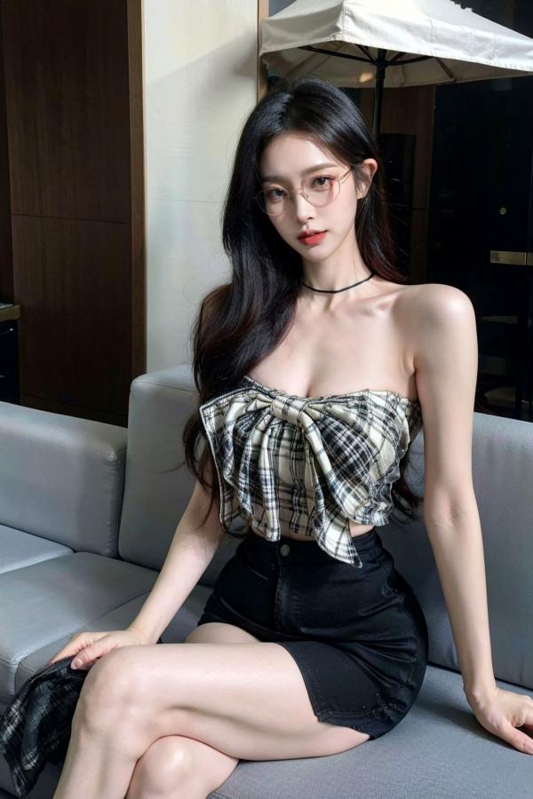    AI美女-超写实-格子蝴蝶结抹胸黑短裙美女街拍-眼镜女神都市时尚户外性感写真第23张图片
