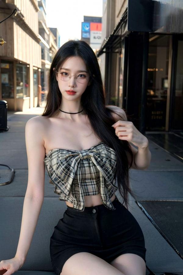    AI美女-超写实-格子蝴蝶结抹胸黑短裙美女街拍-眼镜女神都市时尚户外性感写真第24张图片