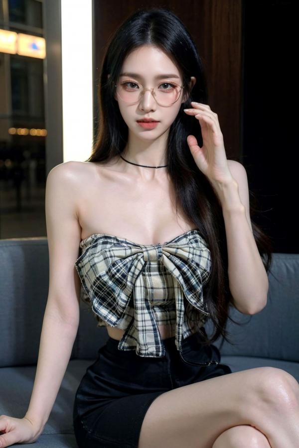    AI美女-超写实-格子蝴蝶结抹胸黑短裙美女街拍-眼镜女神都市时尚户外性感写真第25张图片