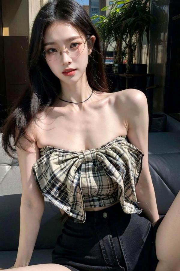    AI美女-超写实-格子蝴蝶结抹胸黑短裙美女街拍-眼镜女神都市时尚户外性感写真第26张图片