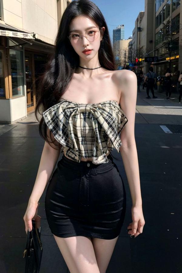    AI美女-超写实-格子蝴蝶结抹胸黑短裙美女街拍-眼镜女神都市时尚户外性感写真第33张图片