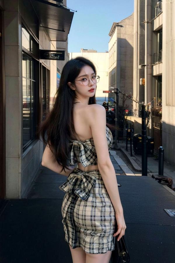    AI美女-超写实-格子蝴蝶结抹胸黑短裙美女街拍-眼镜女神都市时尚户外性感写真第38张图片