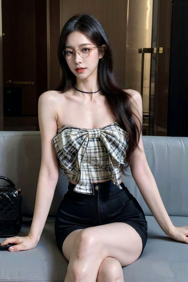    AI美女-超写实-格子蝴蝶结抹胸黑短裙美女街拍-眼镜女神都市时尚户外性感写真第39张图片