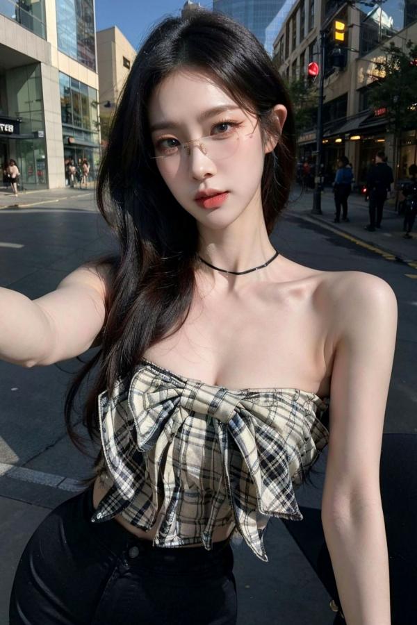    AI美女-超写实-格子蝴蝶结抹胸黑短裙美女街拍-眼镜女神都市时尚户外性感写真第40张图片