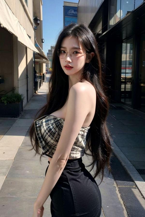   AI美女-超写实-格子蝴蝶结抹胸黑短裙美女街拍-眼镜女神都市时尚户外性感写真第42张图片