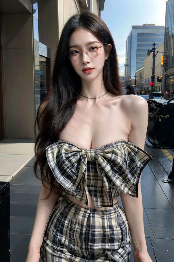    AI美女-超写实-格子蝴蝶结抹胸黑短裙美女街拍-眼镜女神都市时尚户外性感写真第43张图片