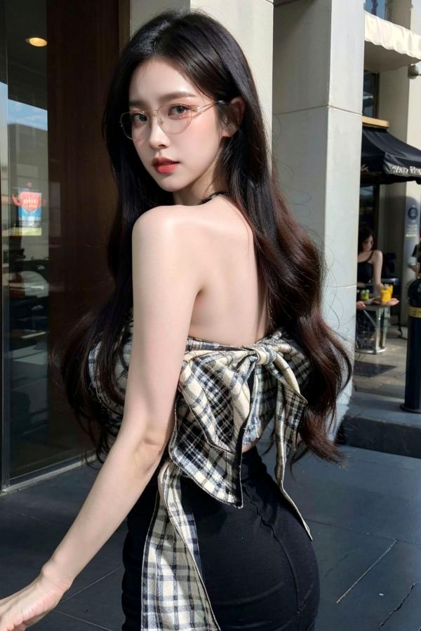    AI美女-超写实-格子蝴蝶结抹胸黑短裙美女街拍-眼镜女神都市时尚户外性感写真第44张图片