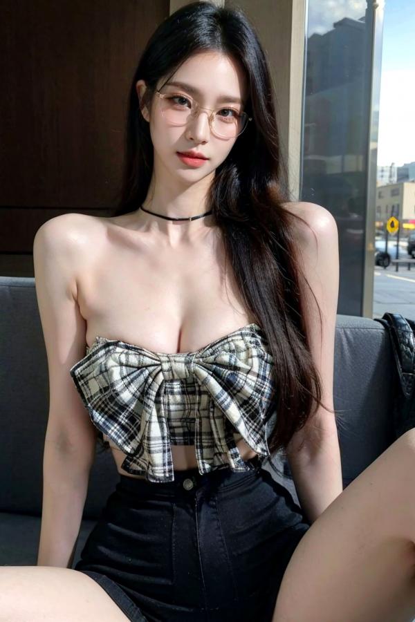    AI美女-超写实-格子蝴蝶结抹胸黑短裙美女街拍-眼镜女神都市时尚户外性感写真第45张图片