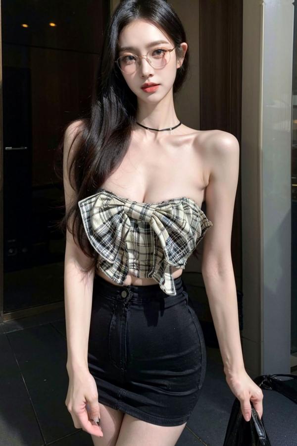    AI美女-超写实-格子蝴蝶结抹胸黑短裙美女街拍-眼镜女神都市时尚户外性感写真第50张图片