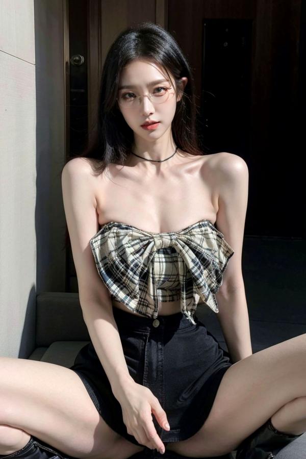    AI美女-超写实-格子蝴蝶结抹胸黑短裙美女街拍-眼镜女神都市时尚户外性感写真第53张图片