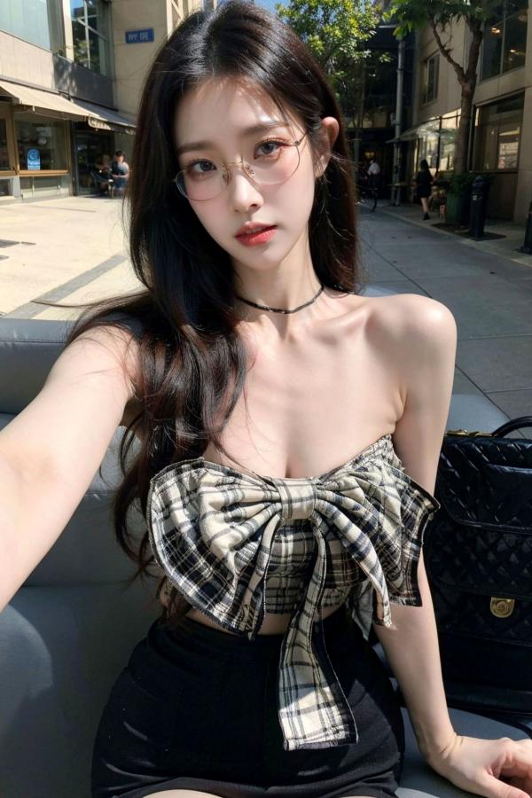    AI美女-超写实-格子蝴蝶结抹胸黑短裙美女街拍-眼镜女神都市时尚户外性感写真第54张图片