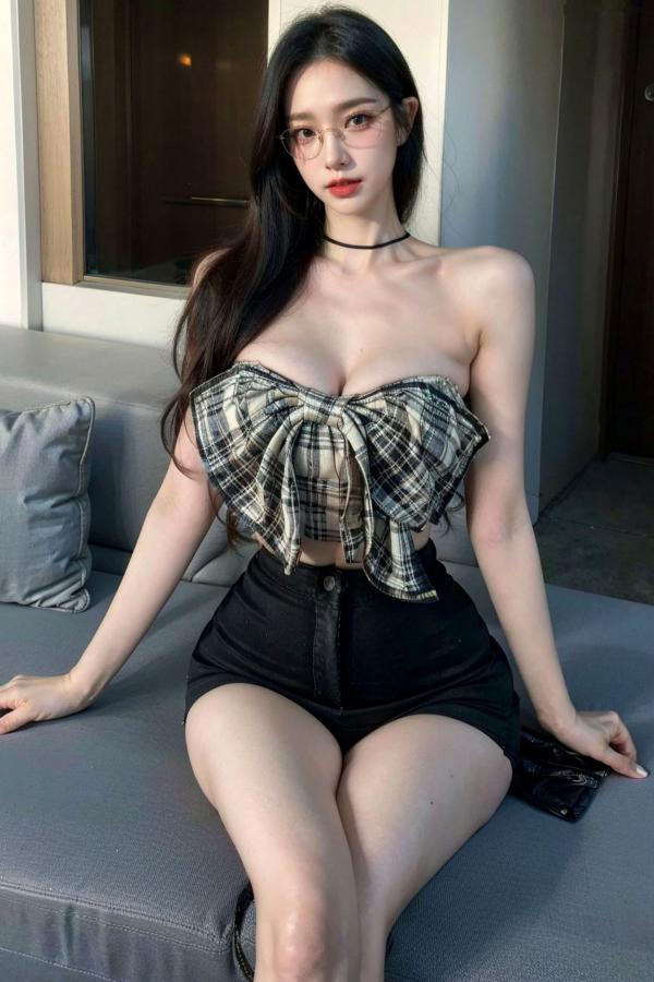    AI美女-超写实-格子蝴蝶结抹胸黑短裙美女街拍-眼镜女神都市时尚户外性感写真第56张图片