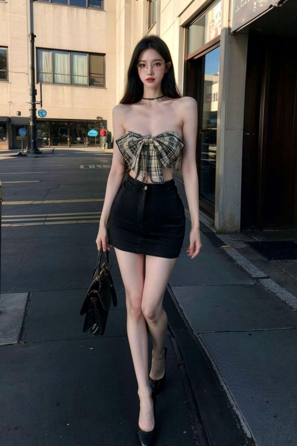    AI美女-超写实-格子蝴蝶结抹胸黑短裙美女街拍-眼镜女神都市时尚户外性感写真第58张图片