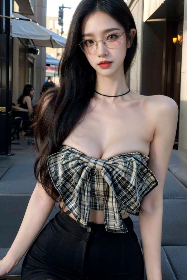    AI美女-超写实-格子蝴蝶结抹胸黑短裙美女街拍-眼镜女神都市时尚户外性感写真第64张图片