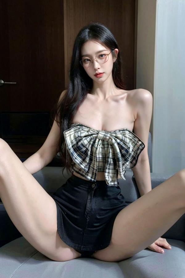    AI美女-超写实-格子蝴蝶结抹胸黑短裙美女街拍-眼镜女神都市时尚户外性感写真第68张图片