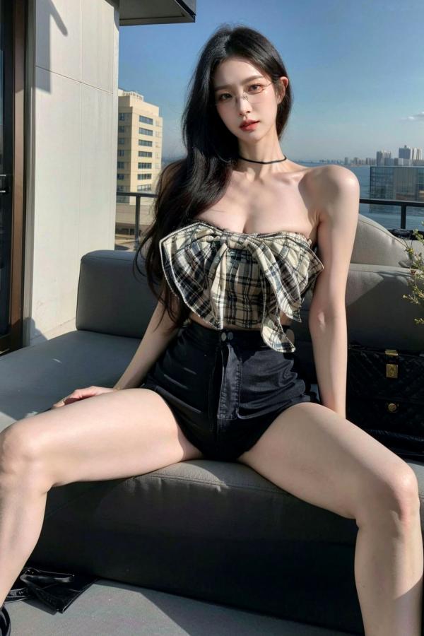    AI美女-超写实-格子蝴蝶结抹胸黑短裙美女街拍-眼镜女神都市时尚户外性感写真第77张图片