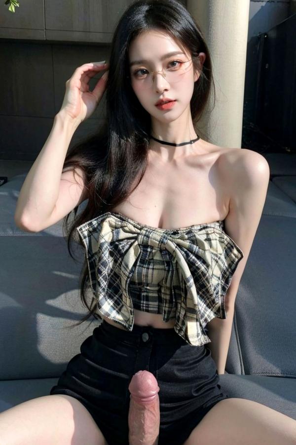    AI美女-超写实-格子蝴蝶结抹胸黑短裙美女街拍-眼镜女神都市时尚户外性感写真第78张图片