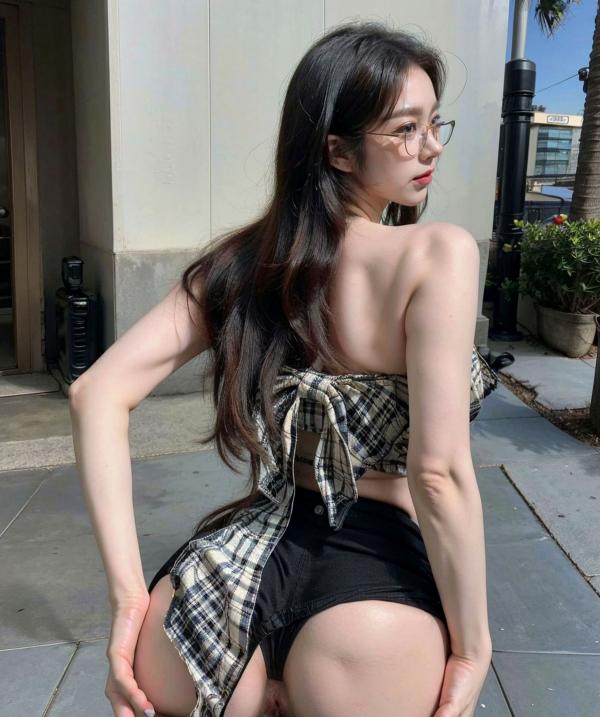    AI美女-超写实-格子蝴蝶结抹胸黑短裙美女街拍-眼镜女神都市时尚户外性感写真第80张图片