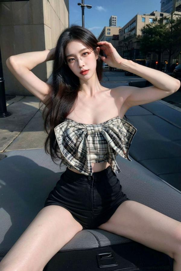    AI美女-超写实-格子蝴蝶结抹胸黑短裙美女街拍-眼镜女神都市时尚户外性感写真第81张图片