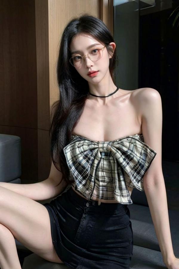    AI美女-超写实-格子蝴蝶结抹胸黑短裙美女街拍-眼镜女神都市时尚户外性感写真第83张图片