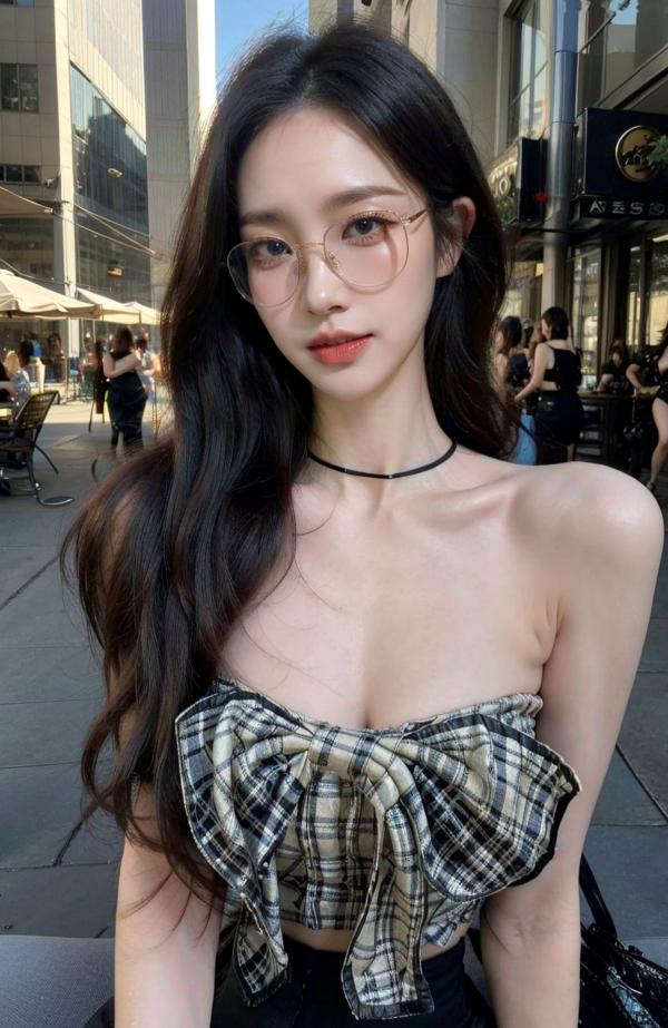    AI美女-超写实-格子蝴蝶结抹胸黑短裙美女街拍-眼镜女神都市时尚户外性感写真第84张图片