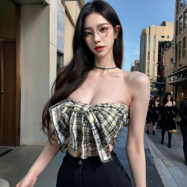    AI美女-超写实-格子蝴蝶结抹胸黑短裙美女街拍-眼镜女神都市时尚户外性感写真第90张图片