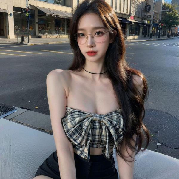    AI美女-超写实-格子蝴蝶结抹胸黑短裙美女街拍-眼镜女神都市时尚户外性感写真第95张图片