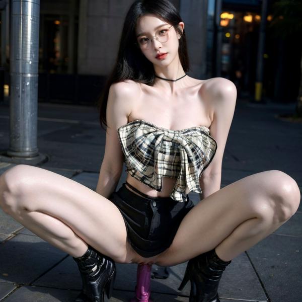    AI美女-超写实-格子蝴蝶结抹胸黑短裙美女街拍-眼镜女神都市时尚户外性感写真第97张图片