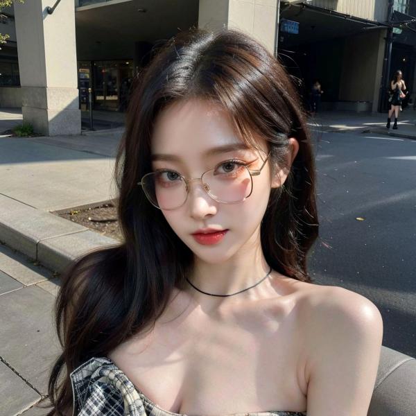    AI美女-超写实-格子蝴蝶结抹胸黑短裙美女街拍-眼镜女神都市时尚户外性感写真第100张图片