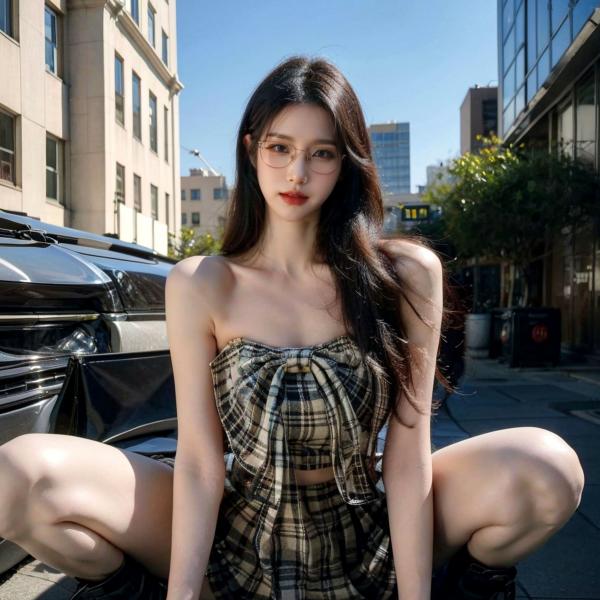    AI美女-超写实-格子蝴蝶结抹胸黑短裙美女街拍-眼镜女神都市时尚户外性感写真第101张图片
