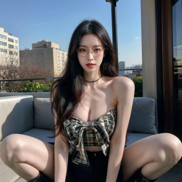    AI美女-超写实-格子蝴蝶结抹胸黑短裙美女街拍-眼镜女神都市时尚户外性感写真第103张图片
