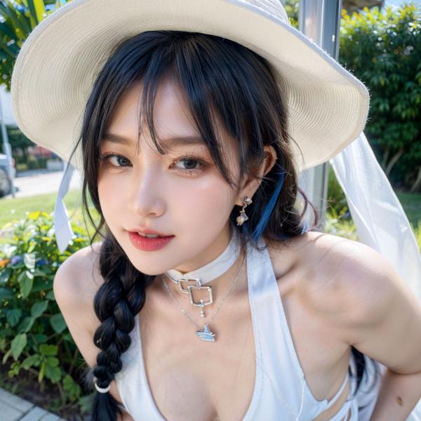    AI美女拟实写真：戴白色遮阳帽的清纯尤物，户外泳池边的性感私房照，展现曼妙曲线与如雪肌肤第4张图片