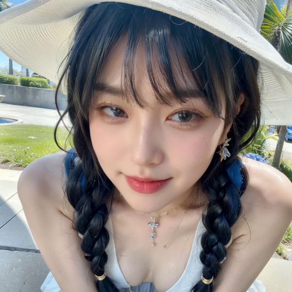    AI美女拟实写真：戴白色遮阳帽的清纯尤物，户外泳池边的性感私房照，展现曼妙曲线与如雪肌肤第6张图片