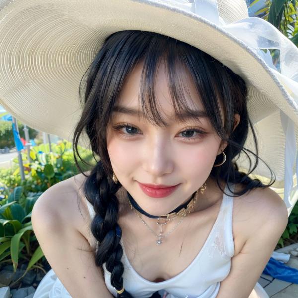    AI美女拟实写真：戴白色遮阳帽的清纯尤物，户外泳池边的性感私房照，展现曼妙曲线与如雪肌肤第8张图片